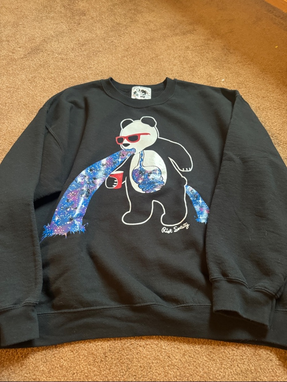 riot society Black Crewneck with Galaxy Panda Graphic